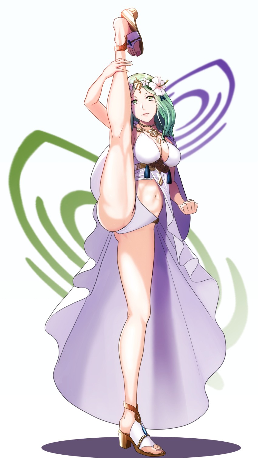 absurdres bikini bikini_bottom_only breasts cleavage closed_mouth commentary_request dress female fire_emblem fire_emblem:_three_houses fire_emblem_heroes flexible flower full_body green_eyes green_hair hair_flower hair_ornament high_heels highres kneepits long_hair rhea_(fire_emblem) rhea_(summer)_(fire_emblem) sandals solo split standing standing_on_one_leg standing_split sukkirito_(rangusan) swimsuit white_bikini white_dress