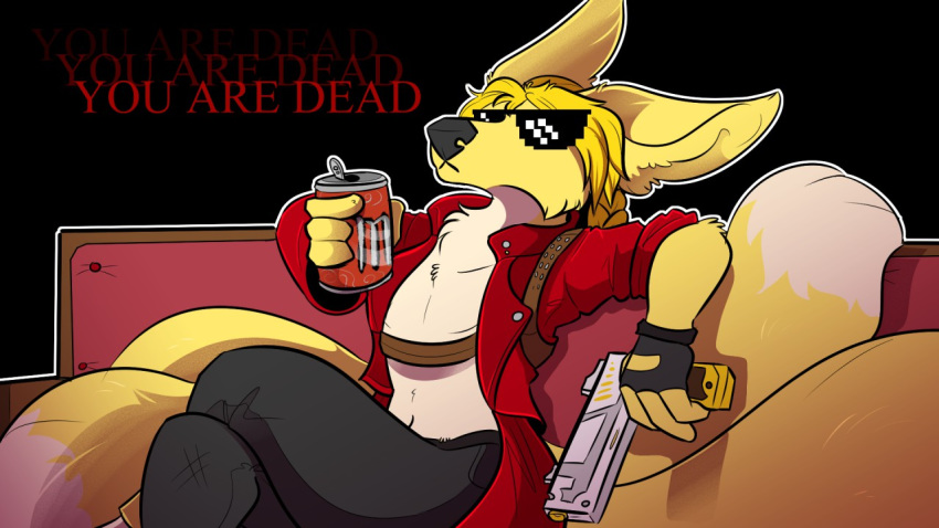 16:9 4_tails beverage_can canid canine eyewear fox furniture glasses gun hair handgun male mammal multi_tail pistol ranged_weapon sofa solo stupidshepherd tail tatsu_kimiero weapon widescreen