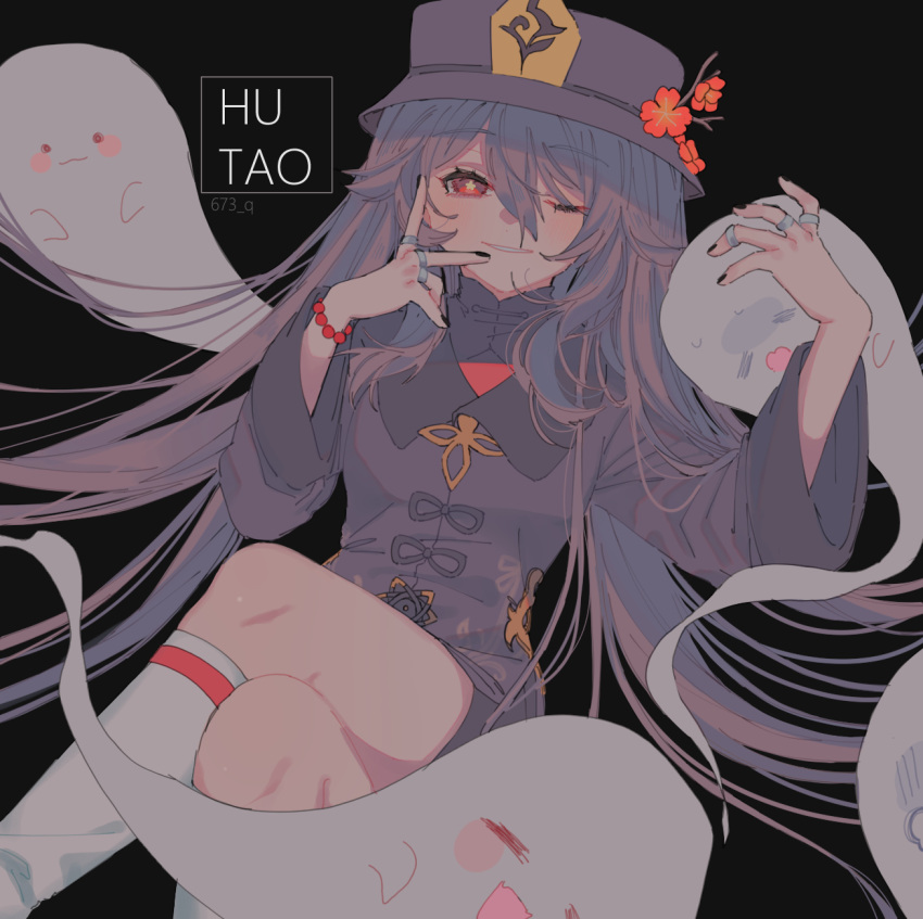 +_+ black_headwear blush boo_tao_(genshin_impact) bracelet chinese_clothes crossed_legs female flower genshin_impact ghost hair_between_eyes hat hat_flower highres hu_tao_(genshin_impact) jewelry long_hair long_sleeves looking_at_viewer one_eye_closed red_eyes ring smile superdiviatomic