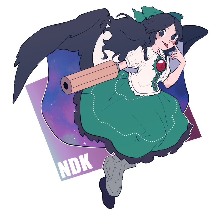 akanbe arm_cannon asymmetrical_footwear bad_id bad_twitter_id bird_wings black_hair black_wings blush bow buttons cape character_name closed_mouth collared_shirt commentary control_rod cookie_(touhou) eyelid_pull female frilled_shirt_collar frilled_skirt frills full_body green_bow green_skirt hairbow highres hita_(hizokuseikogeki) long_hair looking_at_viewer mismatched_footwear nadeko_(cookie) puffy_short_sleeves puffy_sleeves reiuji_utsuho shirt short_sleeves skirt smile solo starry_sky_print third_eye tongue tongue_out touhou weapon white_background white_cape white_shirt wings