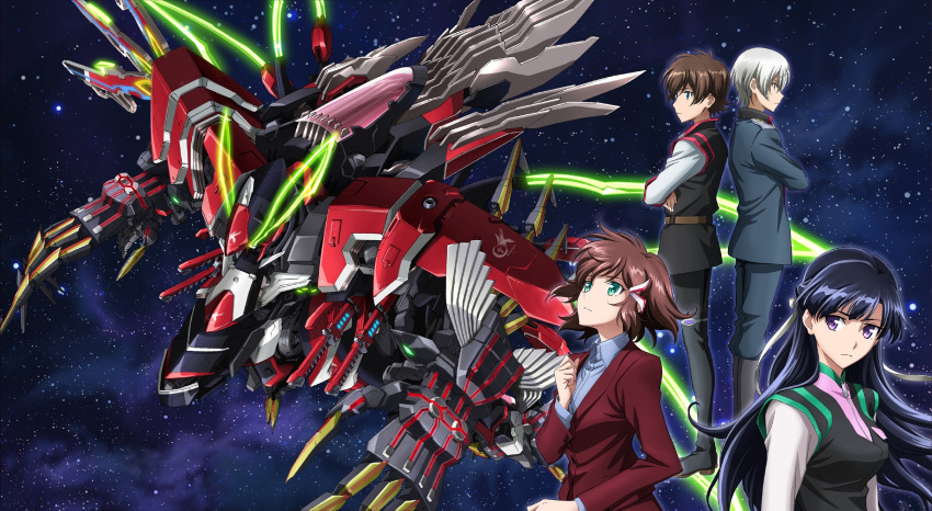 2boys 2girls belt black_hair blue_eyes breasts brown_hair green_eyes hair_ornament half_updo highres kakumeiki_valvrave l-elf long_hair long_sleeves mecha medium_breasts multiple_boys multiple_girls official_art photoshop_(medium) purple_eyes robot rukino_saki sashinami_shouko short_hair sidelocks sky space star_(sky) starry_sky tokishima_haruto valvrave_i valvrave_i_full_impact_mode white_hair