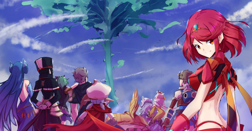 2boys 6+girls absurdres animal_ears arms_behind_back backless_dress backless_outfit bare_shoulders black_headwear black_jacket blue_dress blue_gloves blue_hair blue_jacket blue_sky breasts brighid_(xenoblade) brown_gloves brown_hair cat_ears cat_girl circlet closed_mouth cloud cloudy_sky dress dromarch_(xenoblade) earrings elbow_gloves gloves green_hair grey_hair highres jacket jewelry jumpsuit large_breasts long_hair long_sleeves looking_at_viewer looking_back medium_hair military_uniform morag_ladair_(xenoblade) multiple_boys multiple_girls nia_(xenoblade) outdoors pandoria_(xenoblade) poppi_(xenoblade) poppi_alpha_(xenoblade) pyra_(xenoblade) red_eyes red_hair red_scarf red_shorts rex_(xenoblade) scarf short_hair short_shorts shorts sky sleeveless sleeveless_jacket smile swept_bangs tora_(xenoblade_2) tsukinaga uniform upper_body very_long_hair white_gloves white_hood xenoblade_chronicles_(series) xenoblade_chronicles_2 yellow_jumpsuit zeke_von_genbu_(xenoblade)