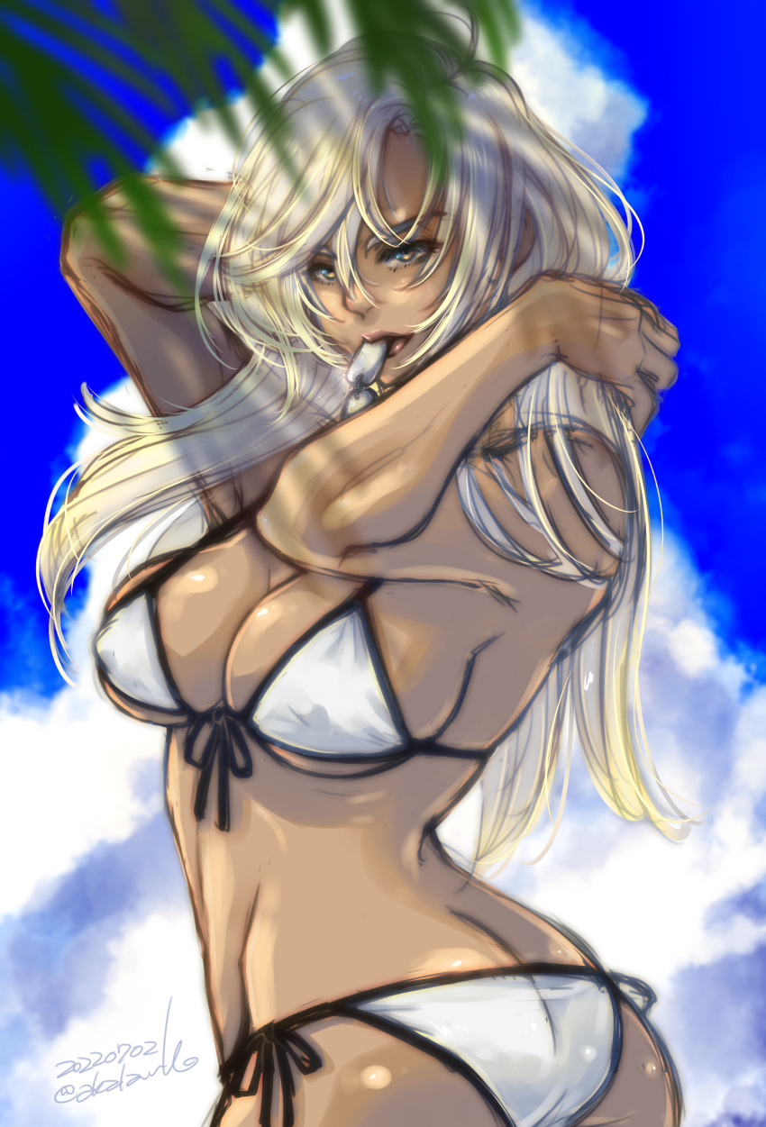 absurdres ass bikini blue_sky breasts brown_lips butt_crack cleavage cloud cloudy_sky commentary_request dappled_sunlight dark-skinned_female dark_skin dog_tags eyelashes female front-tie_bikini_top front-tie_top highres ikeda_tsukasa large_breasts long_hair messy_hair mouth_hold side-tie_bikini_bottom sky solo string_bikini sunlight swimsuit twisted_torso underboob vanessa_lewis virtua_fighter white_bikini white_hair