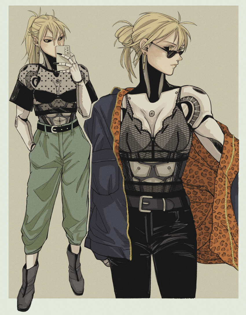 absurdres animal_print black_pants black_sclera blonde_hair breasts colored_sclera commentary covered_mouth crop_top cyborg earrings english_commentary female florbetriz genderswap_(mtf) genos hair_bun hand_in_pocket highres holding holding_phone jewelry joints leopard_print looking_at_viewer looking_over_eyewear looking_to_the_side mechanical_arms mechanical_parts off_shoulder one-punch_man pants phone robot_joints rule_63 science_fiction see-through see-through_shirt shirt short_hair side_ponytail sideways_glance single_hair_bun small_breasts sunglasses tassel tassel_earrings yellow_eyes