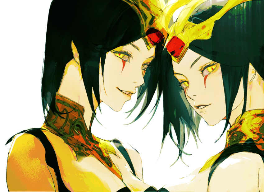 2girls bare_shoulders black_hair breasts cleavage eyelashes hair_ornament jian_tai_(cuoyu0) large_breasts league_of_legends leblanc_(league_of_legends) looking_at_viewer makeup multiple_girls open_mouth parted_bangs parted_lips red_pupils short_hair sideboob sidelocks simple_background smile upper_body white_background yellow_eyes