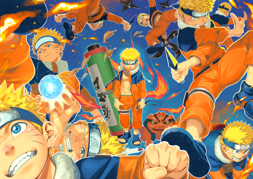 6+boys blonde_hair blood blue_eyes clone commentary_request facial_mark forehead_protector highres holding holding_weapon lolicon male_focus multiple_boys naruto naruto_(series) ninja open_mouth shigeru_(shounen_zoom) smile solo_focus spiked_hair stomach_tattoo tattoo teeth uzumaki_naruto weapon