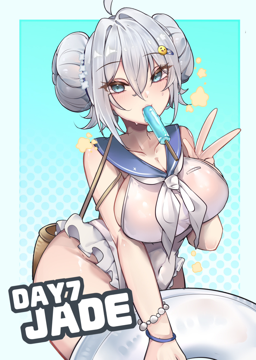 ahoge azur_lane breasts casual_one-piece_swimsuit covered_navel double_bun female food food_in_mouth grey_eyes grey_hair hair_bun hair_intakes highres ice_cream innertube jade_(a_lick_of_summer)_(azur_lane) jade_(azur_lane) kive large_breasts neckerchief official_alternate_costume one-piece_swimsuit popsicle popsicle_in_mouth sailor_collar sailor_one-piece_swimsuit swim_ring swimsuit v white_innertube white_neckerchief white_one-piece_swimsuit