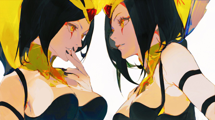 2girls arm_strap bare_shoulders black_hair black_nails breasts cleavage english_commentary face-to-face finger_to_mouth fingernails hair_ornament highres jian_tai_(cuoyu0) large_breasts league_of_legends leblanc_(league_of_legends) looking_at_another makeup medium_hair multiple_girls nail_polish parted_bangs parted_lips red_pupils short_hair shoulder_strap sidelocks simple_background smile strap upper_body white_background yellow_eyes