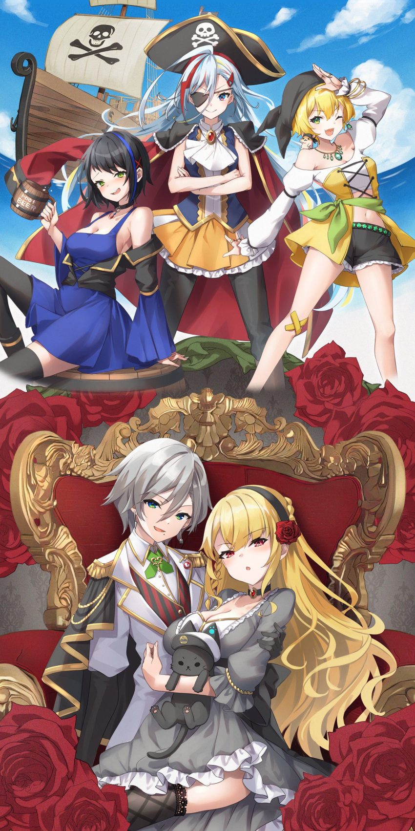 5girls absurdres album_cover animalization ascot beach blonde_hair blue_dress blue_eyes breasts cape cleavage cover crossed_arms denonbu detached_sleeves dress eyepatch feline flower green_eyes grey_dress grey_hair haijima_ginka hair_flower hair_ornament hat highres houou_karin jacket kurogane_tama long_hair long_sleeves looking_at_viewer mole multiple_girls navel official_alternate_costume official_art outdoors pirate_costume pirate_hat pirate_ship red_cape red_eyes red_flower red_rose rose seto_mitsuki_(denonbu) shirokane_aki short_hair sitting skirt smile taiga_lucia thighhighs very_long_hair white_ascot yaki_mayu