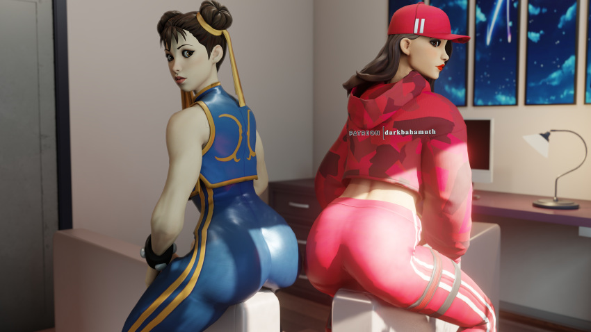 16:9 2girls 3d 3d_(artwork) 4k bare_arms baseball_cap blender blue_clothing chun-li chun-li_(fortnite) darkbahamuth drawers female female_only fortnite from_behind indoors lamp long_sleeves looking_back midriff_peek patreon_username red_clothing red_hat ruby_(fortnite) street_fighter tagme