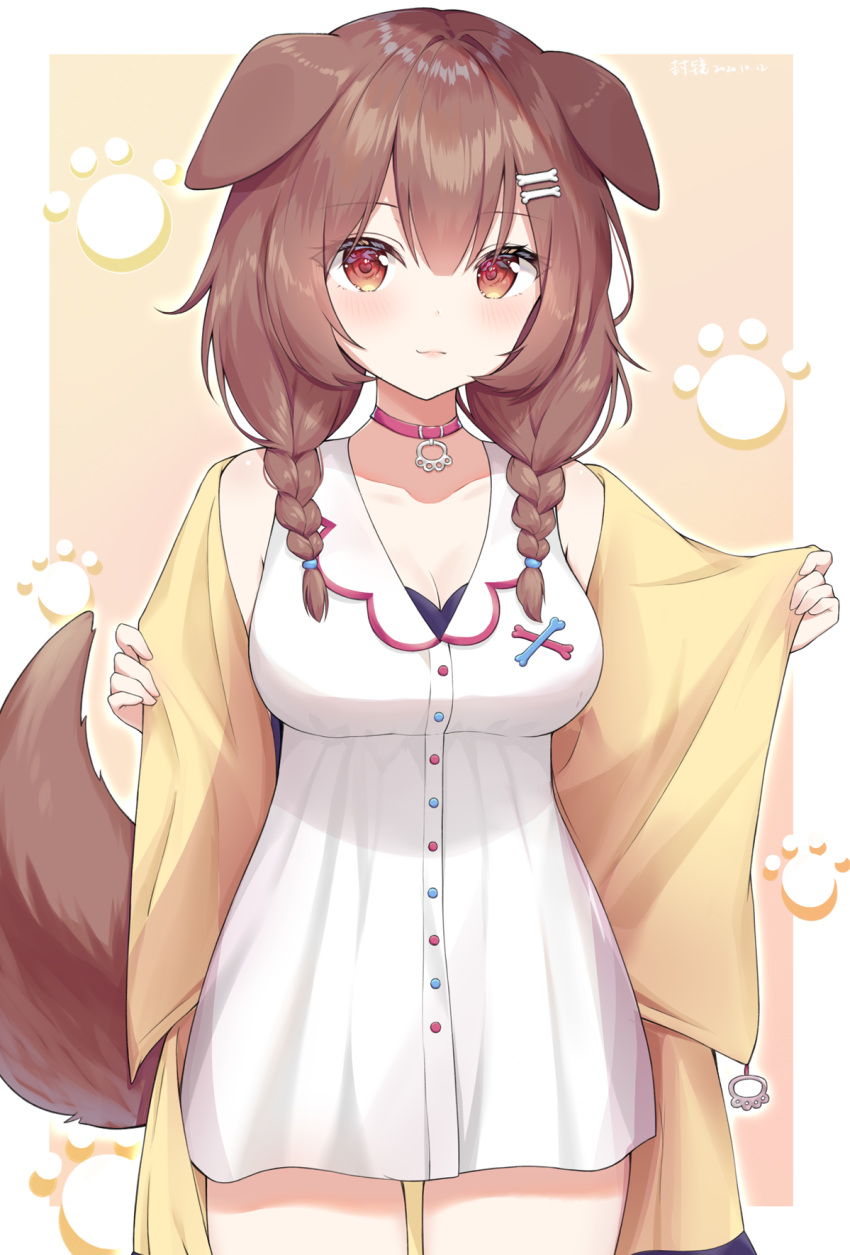 animal_collar animal_ears bone_hair_ornament braid breasts brown_eyes brown_hair brown_tail cleavage closed_mouth collar collarbone commentary_request cowboy_shot dog_ears dog_girl dog_tail dress female hair_ornament heart heart-shaped_pupils highres hololive inugami_korone inugami_korone_(1st_costume) jacket kagami_(kgmgts) large_breasts looking_at_viewer medium_hair open_clothes open_jacket pink_collar sidelocks smile solo standing symbol-shaped_pupils tail twin_braids virtual_youtuber white_dress yellow_jacket