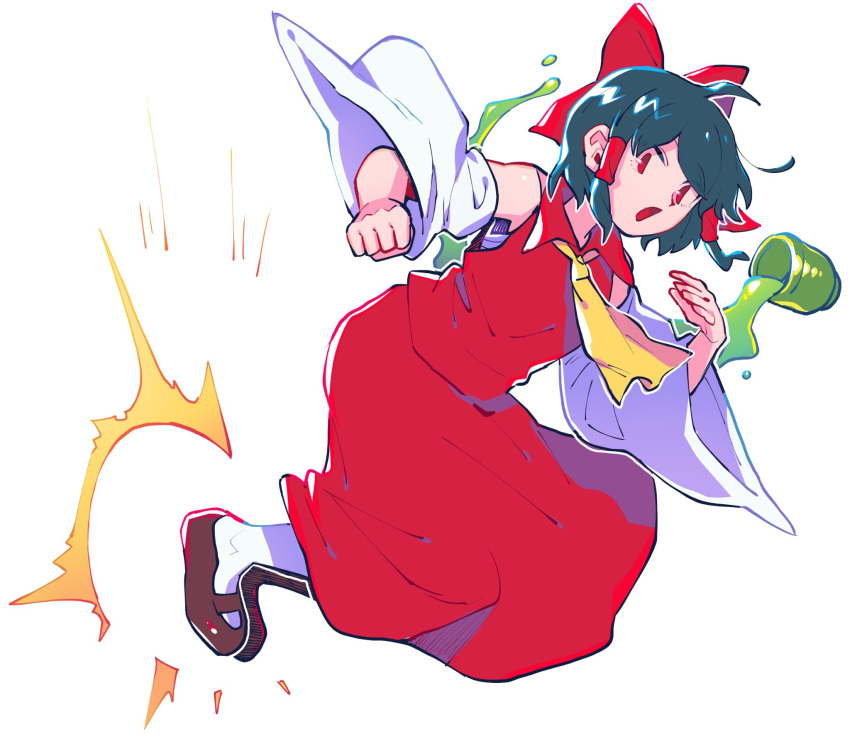 ascot bad_id bad_twitter_id black_hair bow brown_footwear clenched_hand commentary_request cookie_(touhou) cup detached_sleeves female full_body green_tea hairbow hakurei_reimu highres hita_(hizokuseikogeki) long_skirt looking_at_viewer mary_janes open_mouth red_bow red_eyes red_shirt red_skirt reu_(cookie) shirt shoes short_hair sidelocks simple_background skirt skirt_set sleeveless sleeveless_shirt socks solo tea touhou white_background white_sleeves white_socks yellow_ascot yunomi