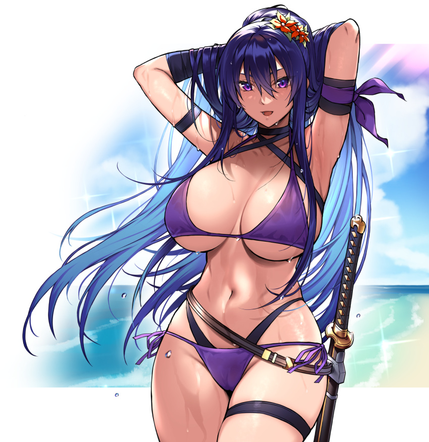 aa-rance akiyama_rinko armpits arms_behind_head bikini blue_hair breasts female highres large_breasts long_hair looking_at_viewer md5_mismatch navel open_mouth purple_bikini purple_eyes resolution_mismatch sheath sheathed side-tie_bikini_bottom source_larger swimsuit sword taimanin_(series) taimanin_yukikaze water_drop weapon wet wet_clothes wet_swimsuit