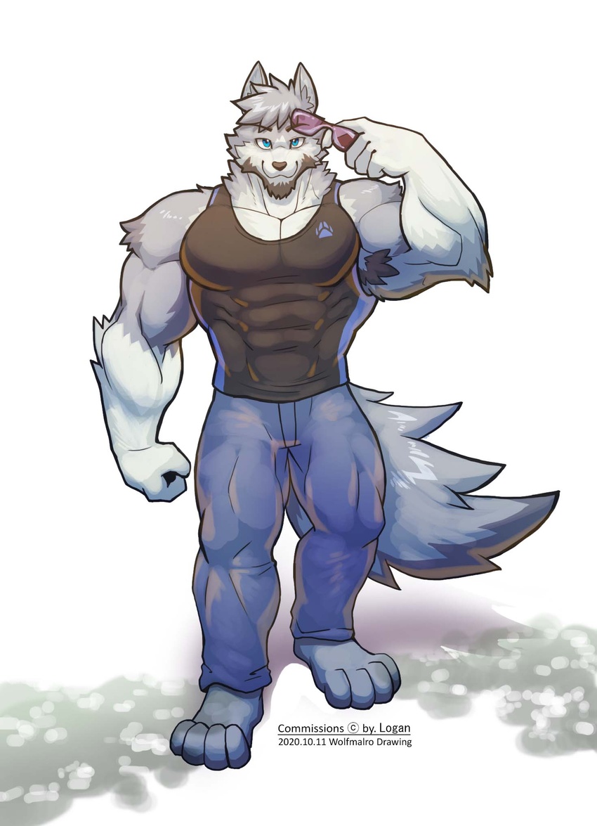 anthro armpit_hair biceps body_hair bottomwear canid canine canis clothed clothing digital_media_(artwork) english_text fur grey_body grey_fur hi_res male mammal muscular muscular_anthro muscular_male shirt simple_background solo tank_top text topwear wolf wolfmalro