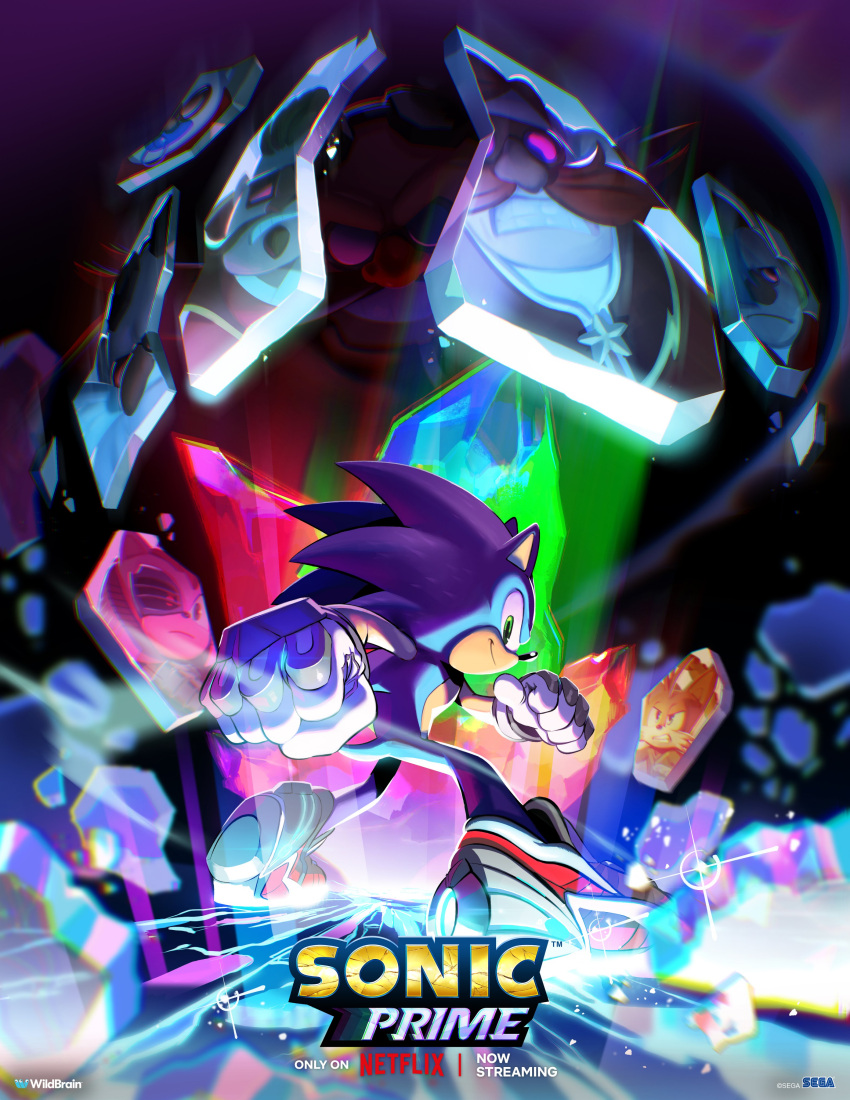 absurdres commentary copyright_name cyborg dark_background dr._eggman english_commentary facial_hair glass glasses highres logo looking_at_viewer looking_back moustache nine_(sonic) official_art rusty_rose shattered shoes smile sneakers sonic_(series) sonic_prime sonic_the_hedgehog standing tyson_hesse