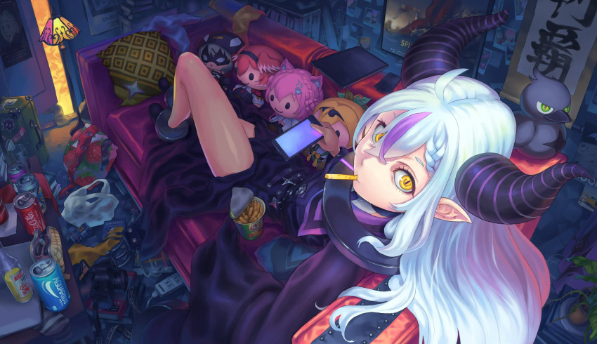 ahoge albert_einstein bag bird braid butt_crack can cellphone character_doll collar commentary_request couch crow_(la+_darknesss) demon_horns door dress eating female food_in_mouth from_above full_body grey_hair hair_between_eyes hakui_koyori highres holding holding_phone hololive holox horns indoors iron_man kazama_iroha la+_darknesss la+_darknesss_(1st_costume) long_hair long_sleeves looking_at_viewer looking_up lying marvel marvel_cinematic_universe masayuki_kondo messy_room metal_collar multicolored_hair on_back on_couch phone pillow plant potted_plant purple_dress purple_hair sakamata_chloe smartphone solo spider-man:_homecoming spider-man_(series) streaked_hair tablet_pc takane_lui virtual_youtuber yellow_eyes