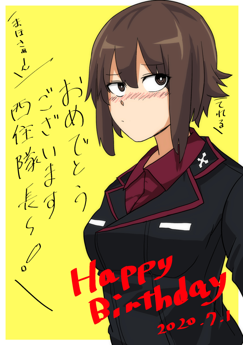 absurdres black_jacket blush brown_eyes brown_hair closed_mouth commentary dated dress_shirt embarrassed english_text female frown girls_und_panzer happy_birthday highres insignia jacket kuromorimine_military_uniform long_sleeves looking_at_viewer military military_uniform natsume_mina nishizumi_maho outside_border red_shirt shirt short_hair simple_background solo translated uniform upper_body wing_collar yellow_background