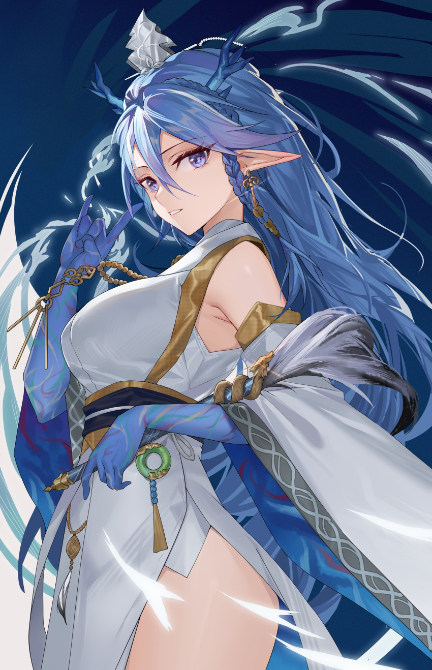 absurdres arknights blue_eyes blue_hair braid breasts china_dress chinese_clothes cowboy_shot detached_sleeves dragon_horns dress earrings female from_side grin hair_between_eyes hanfu highres holding hongbaise_raw horns jewelry ling_(arknights) ling_(it_does_wash_the_strings)_(arknights) long_hair looking_at_viewer official_alternate_costume open_mouth pointy_ears sash side_braid sleeveless sleeveless_dress smile solo tassel tassel_earrings teeth white_dress white_sleeves wide_sleeves