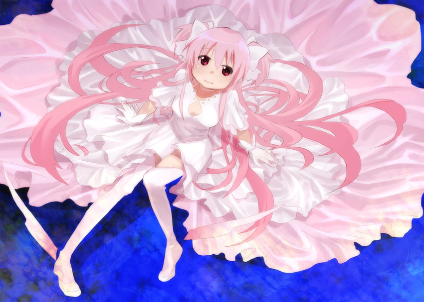 bad_id bad_pixiv_id boots dress female gloves kaname_madoka komio_(do@ho) long_hair looking_up mahou_shoujo_madoka_magica mahou_shoujo_madoka_magica_(anime) photoshop_(medium) pink_eyes pink_hair sitting solo spoilers thigh_boots thighhighs two_side_up ultimate_madoka very_long_hair white_dress white_gloves