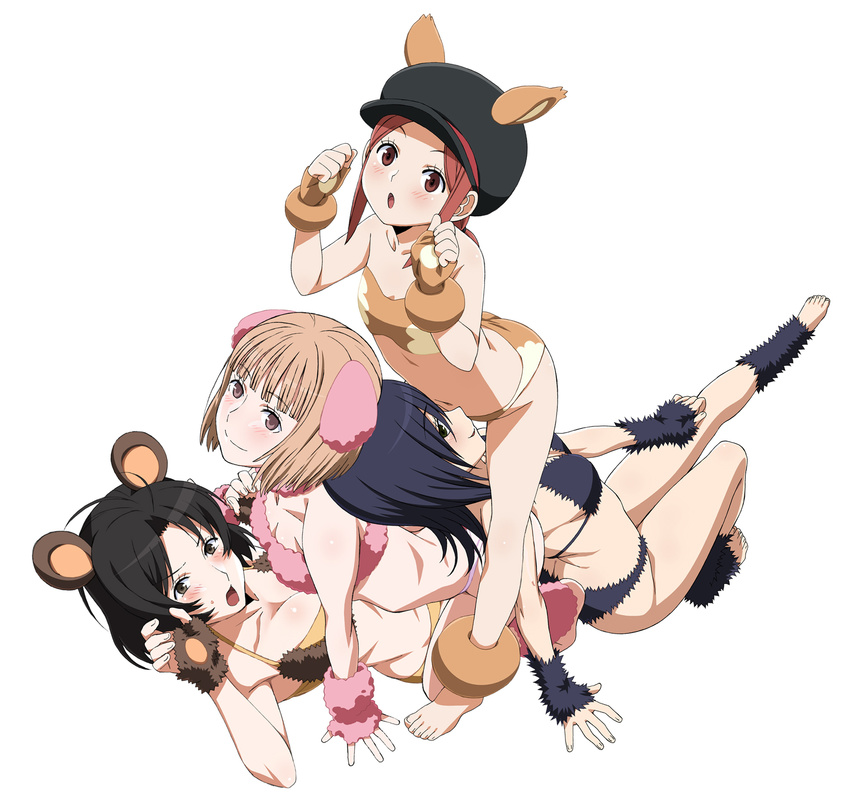 4girls animal_costume bare_shoulders barefoot black_hair blunt_bangs blush breasts brown_eyes brown_hair collarbone highres hiura_akane kumagai_yuuko looking_at_viewer looking_away medium_breasts multiple_girls nasu_rei navel open_mouth photoshop_(medium) shiki_sayoko small_breasts world_trigger