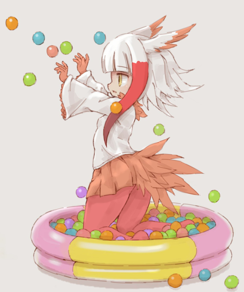 aged_down ass ball ball_pit bird_tail bird_wings commentary_request female from_side gloves head_wings highres japanese_crested_ibis_(kemono_friends) kemono_friends kemono_friends_pavilion kneeling kolshica long_sleeves looking_away multicolored_hair outstretched_arms pantyhose playground_equipment_(kemono_friends_pavilion) playing pleated_skirt profile reaching short_hair_with_long_locks skirt tail wings