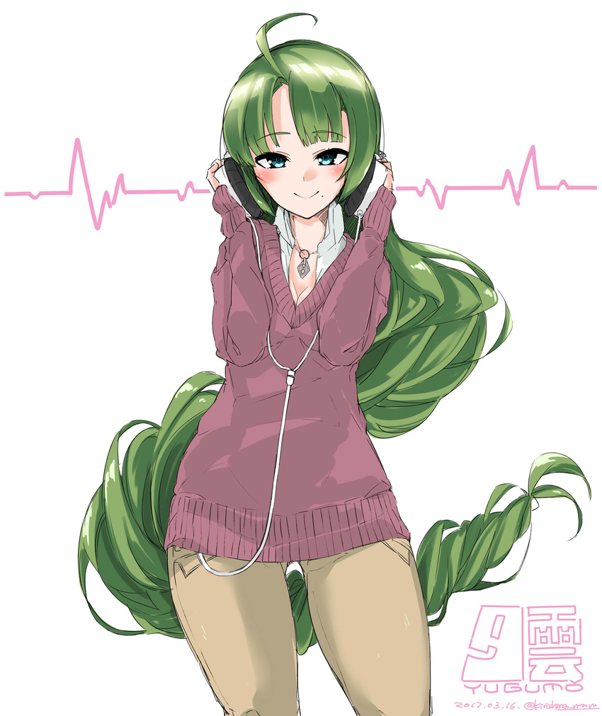 :> absurdres ahoge alternate_costume blue_eyes blush braid breasts cable cleavage closed_mouth collared_shirt commentary_request cowboy_shot dated female green_hair hands_on_headphones headphones highres jewelry kantai_collection kirishina_(raindrop-050928) long_hair long_sleeves looking_at_viewer mole mole_under_mouth necklace one-hour_drawing_challenge pants shirt single_braid small_breasts smile solo sweater twitter_username very_long_hair white_background yuugumo_(kancolle)