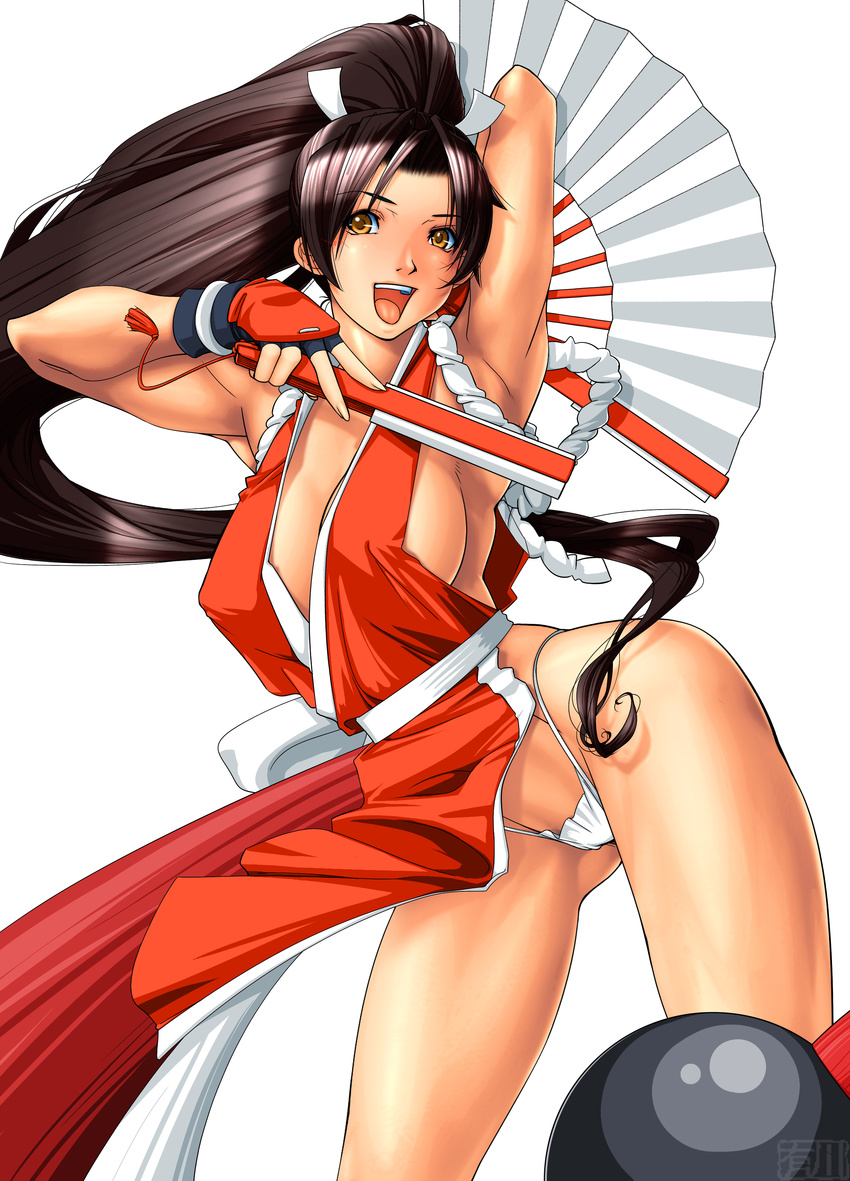 absurdres arikawa armpits black_hair breasts cleavage fan female female fingerless_gloves folding_fan gloves happy highres japanese_clothes king_of_fighters knot large_breasts legs long_hair looking_at_viewer open_mouth ponytail rope shiranui_mai simple_background smile solo standing thighs thong white_background yellow_eyes