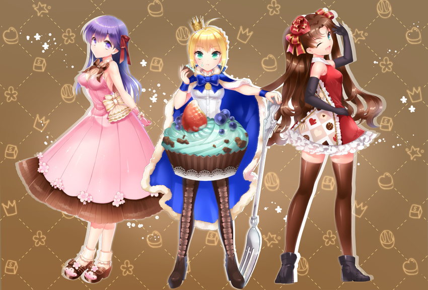 3girls alternate_costume artoria_pendragon_(fate) blonde_hair blue_cape brown_hair cape commentary_request cupcake dress fate/stay_night fate_(series) food hair_ribbon matou_sakura momoayamo multiple_girls pantyhose purple_hair ribbon saber_(fate) sweets thighhighs tohsaka_rin zettai_ryouiki