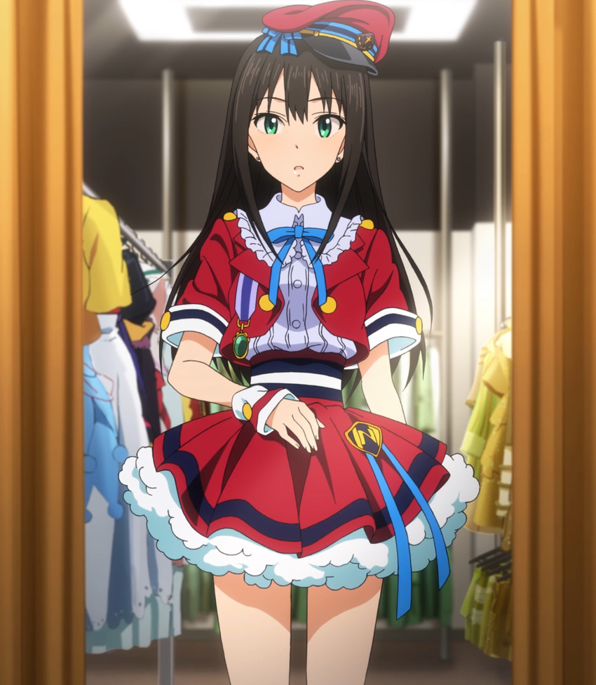 anime_screenshot black_hair dekitate_evo!_revo!_generation!_(idolmaster) female green_eyes hat highres idolmaster idolmaster_cinderella_girls long_hair pleated_skirt shibuya_rin skirt solo stitched third-party_edit uneven_eyes