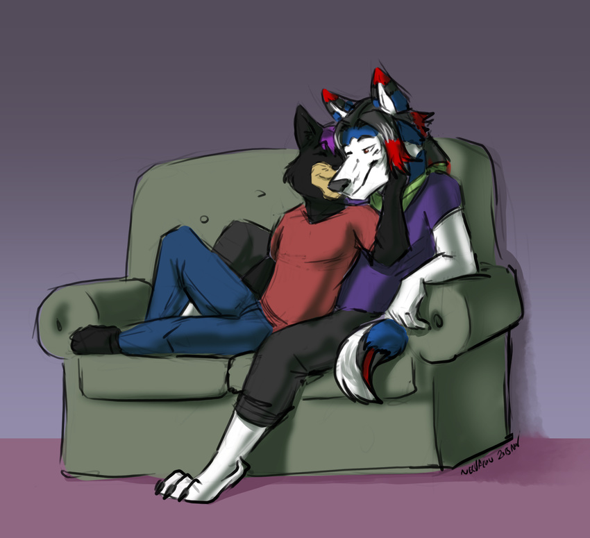 2015 anthro aster_rhodes_ravier canid canine canis clothed clothing cuddling domestic_cat domestic_dog duo eevachu felid feline felis frocta fur furniture hair hi_res husky male mammal nordic_sled_dog relaxing romantic romantic_couple smile sofa spitz