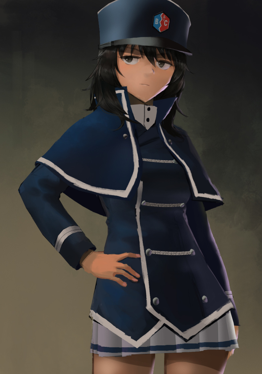 adapted_uniform andou_(girls_und_panzer) bad_id bad_pixiv_id bc_freedom_(emblem) bc_freedom_military_uniform black_hair blue_capelet blue_hat blue_jacket brown_eyes buttons capelet closed_mouth commentary cowboy_shot dark-skinned_female dark_skin double-breasted dress_shirt dress_uniform emblem female frown furukawa_herzer girls_und_panzer hand_on_own_hip hat high_collar highres jacket kepi long_sleeves looking_at_viewer medium_hair messy_hair military military_hat military_uniform miniskirt pleated_skirt shirt single_horizontal_stripe skirt solo uniform white_shirt white_skirt