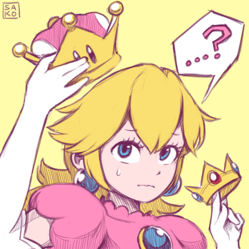 ...? artist_name between_fingers blonde_hair blue_earrings blue_eyes brooch closed_mouth crown crown_removed dress earrings elbow_gloves female gloves holding iamsako jewelry long_hair looking_up mario_(series) mini_crown new_super_mario_bros._u_deluxe nintendo pink_dress princess_peach puffy_short_sleeves puffy_sleeves short_sleeves simple_background solo speech_bubble super_crown super_mario_bros. sweatdrop upper_body white_gloves worried yellow_background