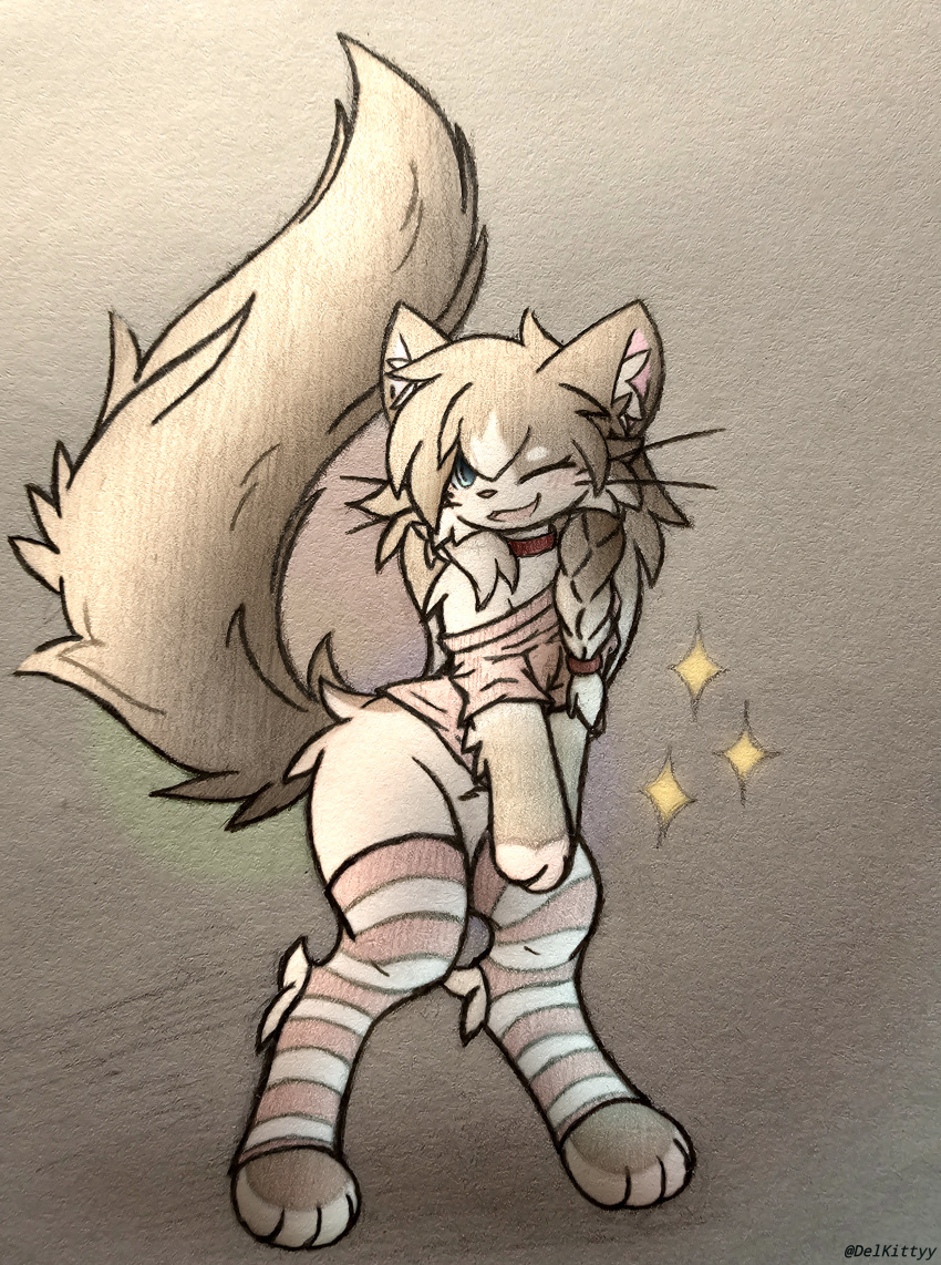 absurd_res ambiguous_gender blush choker clothing del_(artist) domestic_cat exposed_shoulder felid feline felis female_(lore) footwear hi_res jewelry legwear mammal necklace ragdoll_cat semi-anthro shirt socks solo star thigh_highs topwear whiskers