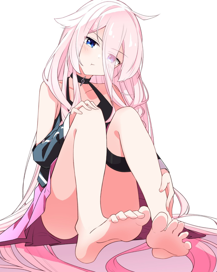 akatuki_no_you bare_legs barefoot black_choker blue_eyes blush braid choker eyes_visible_through_hair female hair_between_eyes highres ia_(vocaloid) long_hair long_hair_between_eyes pink_skirt pout skirt vocaloid