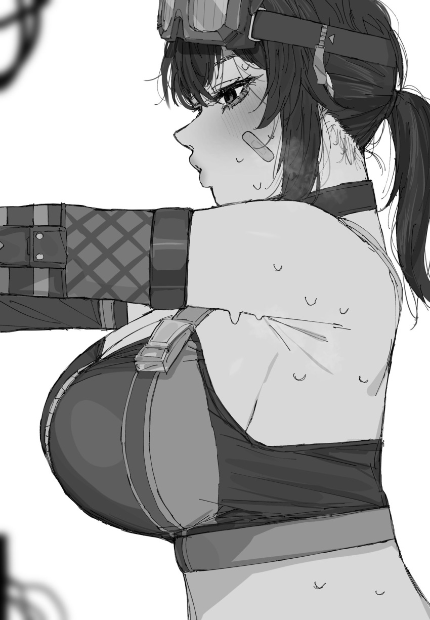 blush breasts carrot_011 crop_top doodles eyewear_on_head female from_side grace_howard greyscale hair_between_eyes highres huge_breasts long_hair looking_ahead monochrome ponytail sidelocks simple_background solo sweat sweatdrop upper_body white_background zenless_zone_zero