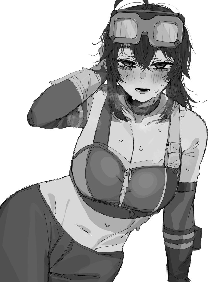 blush breasts carrot_011 cleavage cowboy_shot crop_top doodles english_commentary eyewear_on_head female grace_howard greyscale hair_between_eyes highres large_breasts looking_at_viewer monochrome navel open_mouth ponytail shirt sidelocks simple_background solo sweatdrop white_shirt zenless_zone_zero