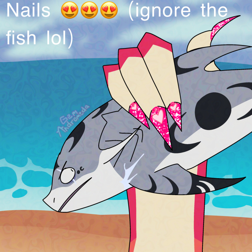 amphibian anthro axolotl beach colored_nails duo eye_scar facial_scar feral fin_(gem_andromeda) fish gem_andromeda hi_res kai_(gem_andromeda) marine mole_salamander nails pink_nails requiem_shark salamander scar sea shark sky skyscape sparkling_nails tiger_shark water