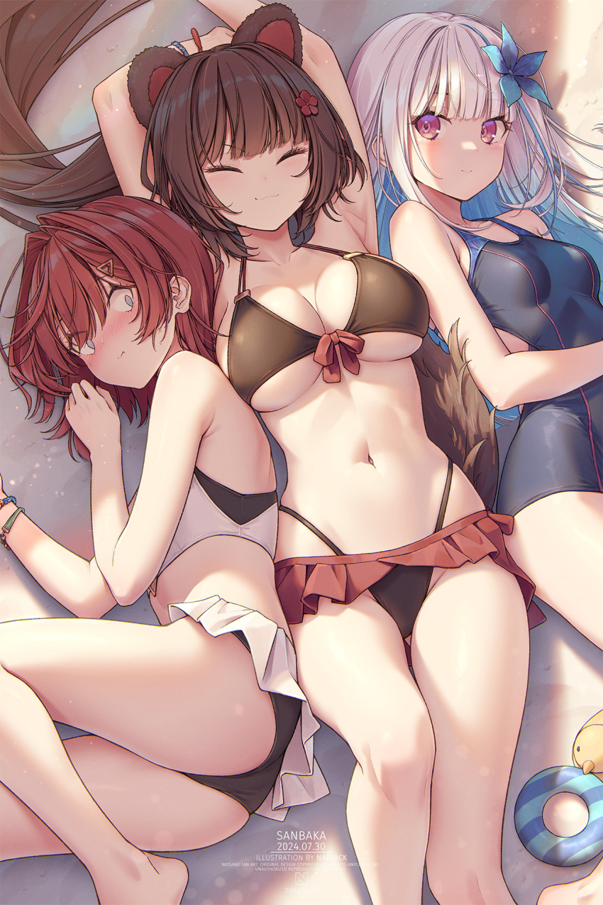 3girls :3 ange_katrina animal_ears armpits arms_up ass bare_shoulders bikini bikini_skirt black_bikini black_hair black_one-piece_swimsuit blue_hair blush breasts cleavage closed_eyes closed_mouth competition_swimsuit dog_ears flower front-tie_bikini_top front-tie_top gradient_hair hair_flower hair_ornament hairclip halterneck highleg highleg_bikini highres inui_toko kuro-kun_(nablack) large_breasts lize_helesta looking_at_viewer lying microskirt multi-strapped_bikini_top multicolored_hair multiple_girls navel nijisanji nose_blush on_back on_side one-piece_swimsuit pink_eyes pleated_skirt red_hair red_skirt short_hair skirt smile stomach string_bikini swimsuit thighs white_bikini white_hair