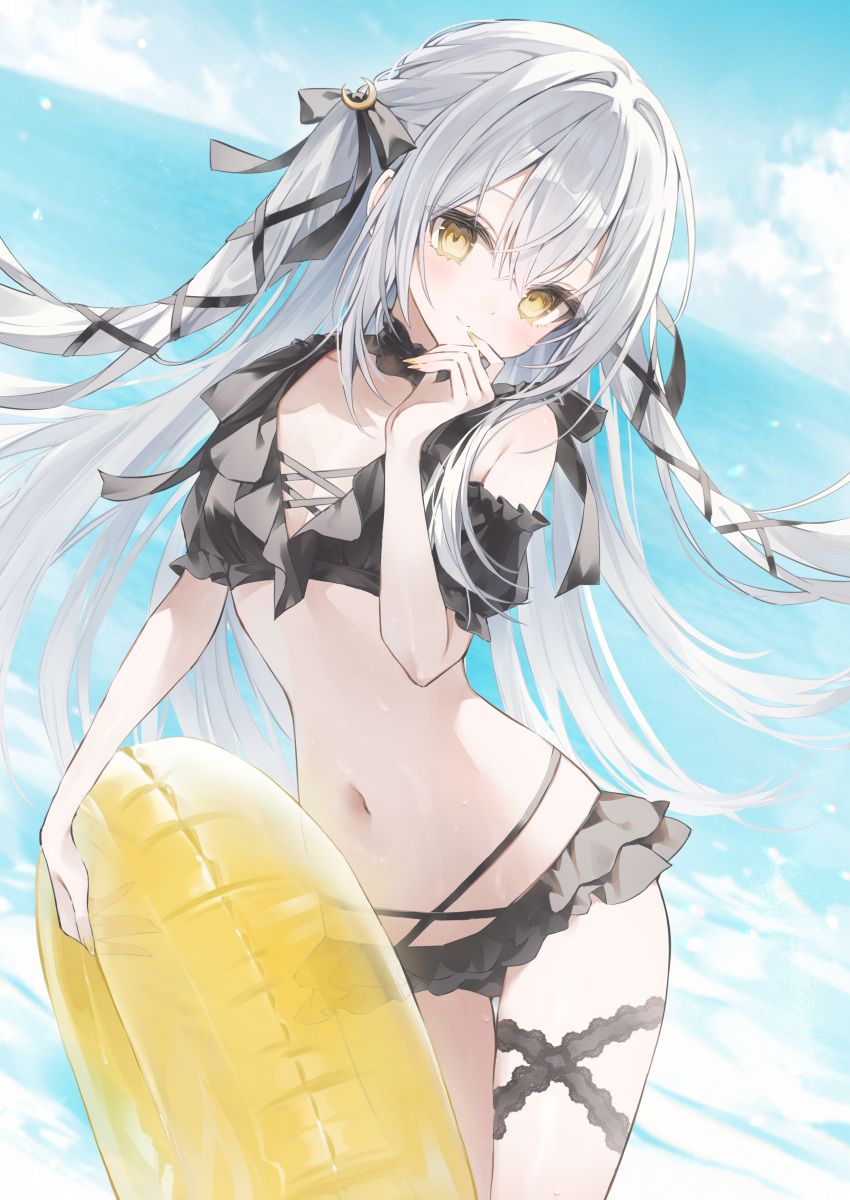 absurdres bikini black_bikini blush closed_mouth cloud commentary_request cowboy_shot day female frilled_bikini frills grey_hair hair_spread_out highres holding holding_swim_ring indie_virtual_youtuber long_hair looking_at_viewer navel noah_(0noah) ocean outdoors sidelocks sky solo swim_ring swimsuit two_side_up very_long_hair virtual_youtuber water_drop yellow_eyes