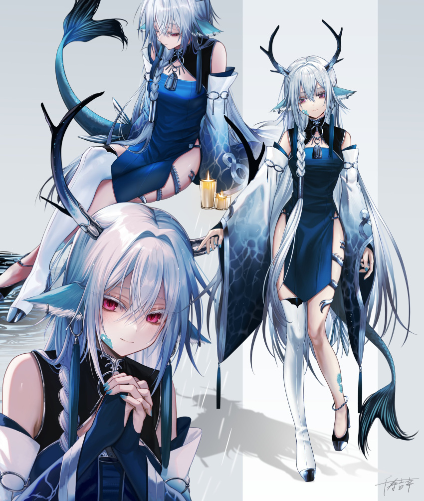 absurdres animal_ears asymmetrical_legwear blue_dress breasts china_dress chinese_clothes commentary_request detached_sleeves dress fins fish_tail full_body highres horns looking_at_viewer monster_girl multiple_views original red_eyes scales senju_yosiyuki sheep_ears small_breasts smile tail white_hair