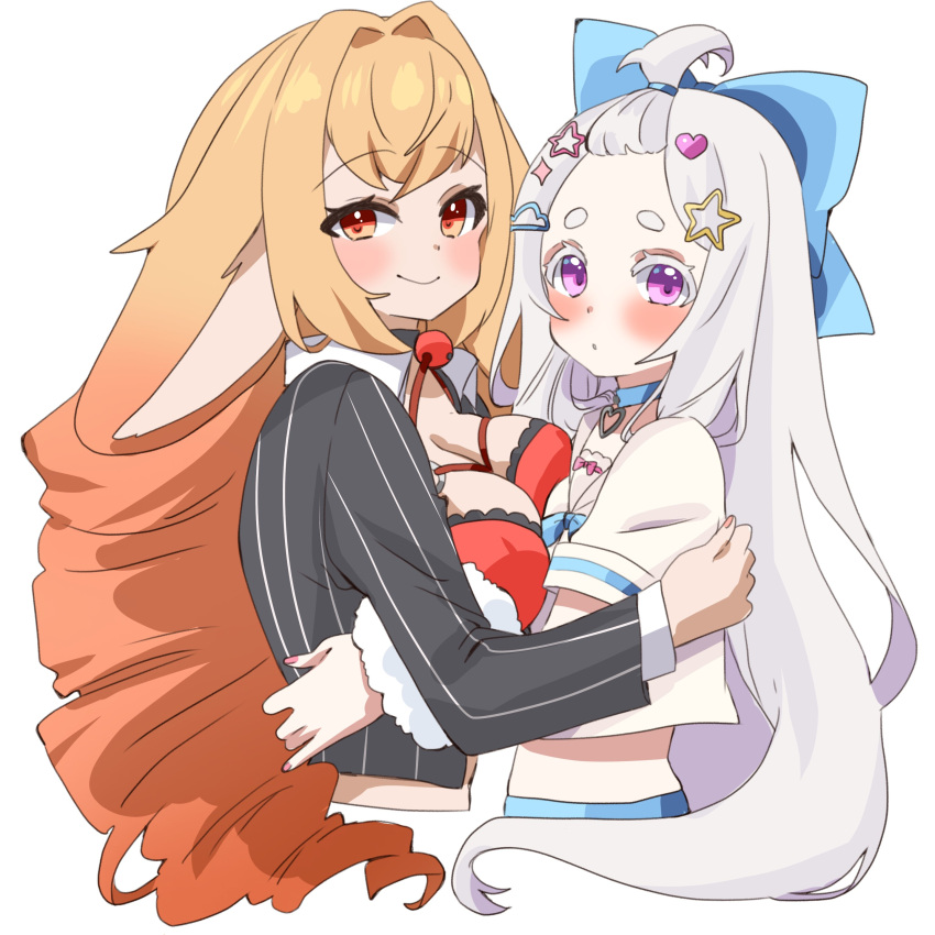 2girls absurdres animal_ears asymmetrical_docking ball_gag black_jacket blonde_hair blue_bow blush bow breast_press breasts brown_eyes brown_hair cloud_hair_ornament colored_eyelashes commission from_side gag gradient_hair grey_hair hair_ornament hairbow heart heart_hair_ornament highres indie_virtual_youtuber jacket large_bow large_breasts looking_at_viewer lop_rabbit_ears mayoineko miwapeito_(vtuber) multicolored_hair multiple_girls open_clothes open_jacket pinstripe_jacket pinstripe_pattern purple_eyes rabbit_ears rabbit_girl school_uniform shibi_cottonbum shirt short_eyebrows skeb_commission star_(symbol) star_hair_ornament upper_body vallure virtual_youtuber white_shirt