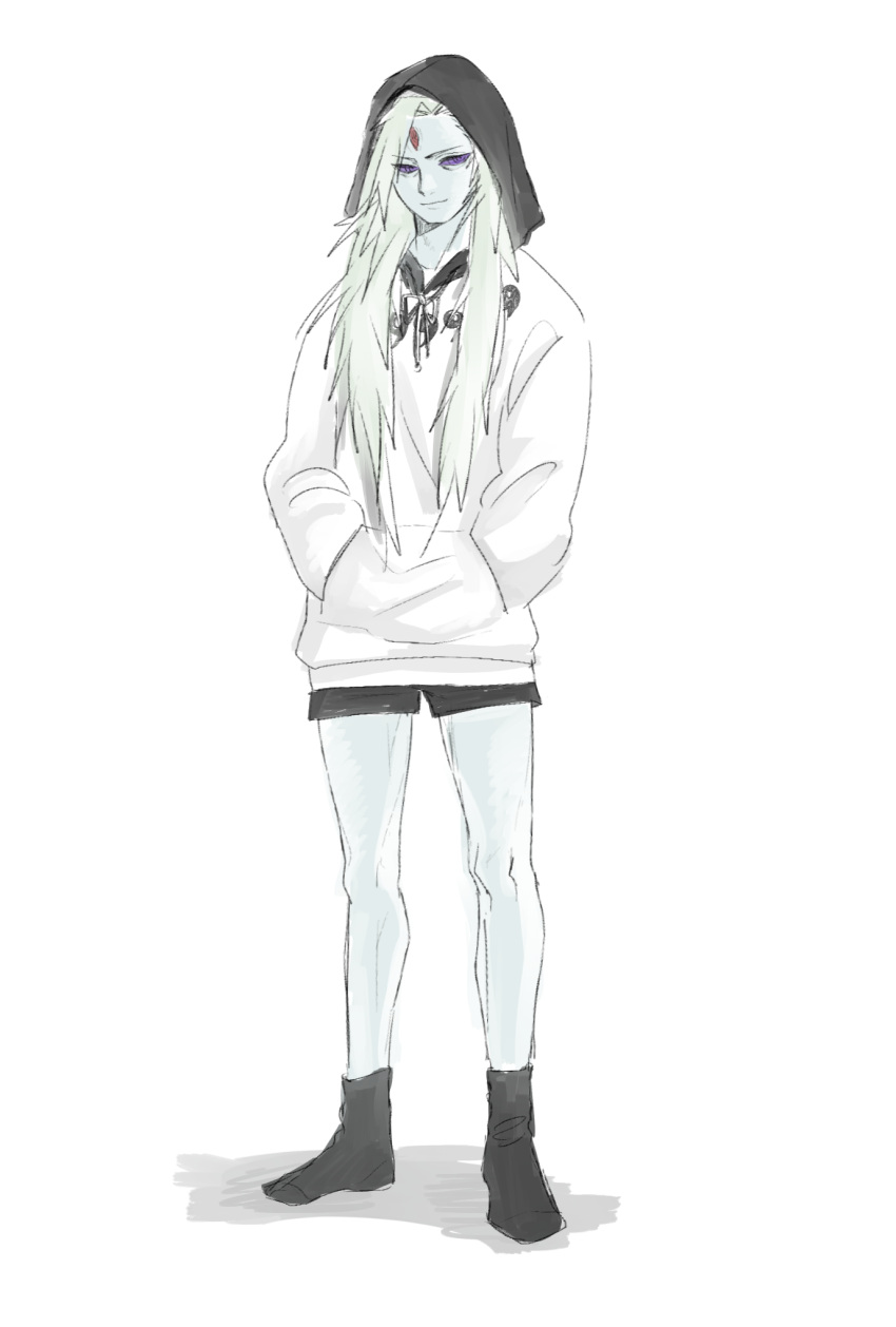 1boy adapted_costume black_shorts black_socks closed_mouth colored_skin full_body hair_intakes hands_in_pocket highres hood hood_up hoodie light_smile long_hair male_focus naruto_(series) naruto_shippuuden purple_eyes qjqjqjql red_eyes ringed_eyes rinne_sharingan rinnegan short_shorts shorts simple_background socks solo standing third_eye tomoe_(symbol) two-tone_hoodie uchiha_madara uchiha_madara_(juubi_jinchuriki) white_background white_hair white_hoodie white_skin