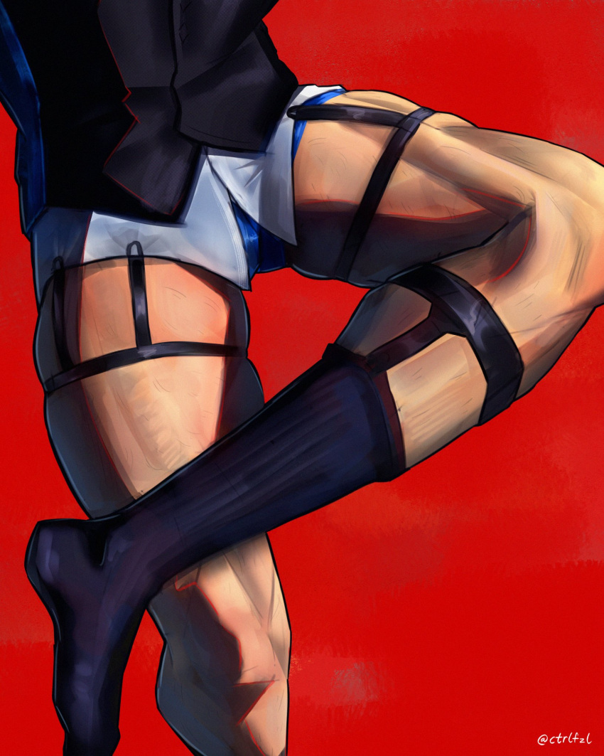 1boy bara black_socks blue_male_underwear feet_out_of_frame from_above hanzo_(overwatch) head_out_of_frame highres itsnotfazal leg_up legwear_garter lower_body male_focus male_underwear muscular muscular_male overwatch skindentation socks solo thick_thighs thigh_focus thighs underwear vest