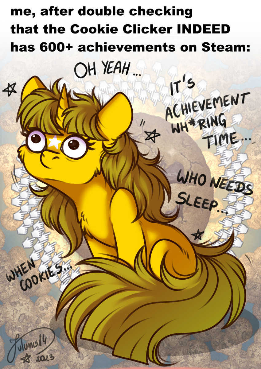 absurd_res blonde_hair cookie_clicker dialogue english_text equid equine eye_bags fan_character female feral hair hasbro hi_res horn julunis14 mammal my_little_pony mythological_creature mythological_equine mythology quadruped text unicorn yellow_body