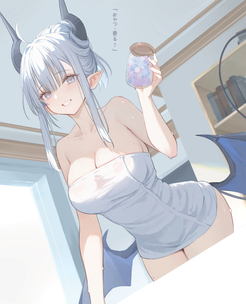 bare_arms bare_shoulders black_horns book bookshelf breasts cleavage collarbone comiket_104 demon_girl demon_horns demon_tail demon_wings female grey_eyes highres holding holding_jar horns indoors jar large_breasts looking_at_viewer low_wings nekojira original pointy_ears sidelocks smile solo tail thea_(nekojira) translation_request wet white_hair white_towel wings