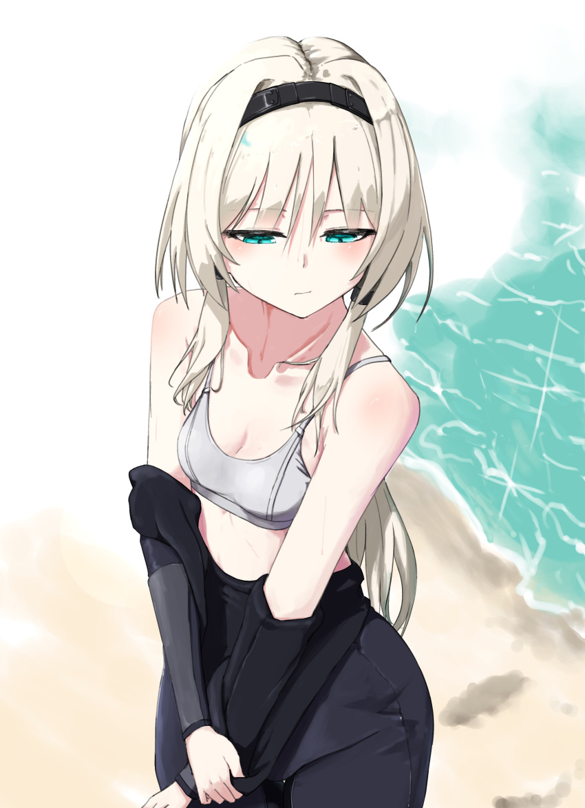 absurdres an-94_(girls'_frontline) an-94_(the_diving_bell_and_the_doll)_(girls'_frontline) aqua_eyes beach black_bodysuit black_hairband blonde_hair bodysuit bra breasts cleavage closed_mouth collarbone commentary_request diving_suit female girls'_frontline grey_bra hairband highres long_hair looking_down official_alternate_costume sand sidelocks small_breasts solo underwear undressing water zafuri_(yzrnegy)