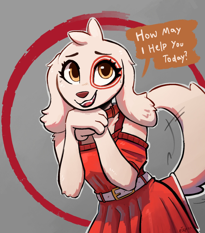 anthro belt canid canine canis clothed clothing collar domestic_dog dress enginetrap eye_spot female floppy_ears front_view fully_clothed hi_res mammal open_mouth red_clothing red_dress simple_background smile solo speech_bubble spot_(jayrnski) tail text yellow_eyes