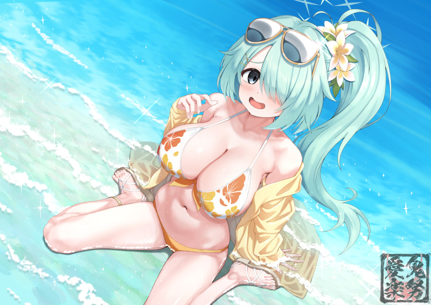 bare_shoulders beach bikini blue_archive blush breasts cleavage collarbone eyewear_on_head female flip-flops floral_print flower green_hair grey_eyes hair_flower hair_ornament hair_over_one_eye halo highres hiyori_(blue_archive) hiyori_(swimsuit)_(blue_archive) kido_airaku large_breasts long_hair looking_at_viewer multicolored_clothes navel open_mouth orange_bikini sandals shirt shore side_ponytail smile solo sunglasses swimsuit white_bikini white_flower