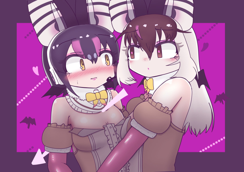 2girls animal_ears bare_shoulders bat_ears bat_girl bat_wings black_hair blush brown_eyes brown_hair brown_long-eared_bat_(kemono_friends) elbow_gloves extra_ears gloves grey_hair highres humboldt_penguin_(kemono_friends) kemono_friends kemono_friends_v_project leotard long_hair microphone multicolored_hair multiple_girls noren_kf1 penguin_girl purple_background purple_hair simple_background virtual_youtuber wings yellow_eyes