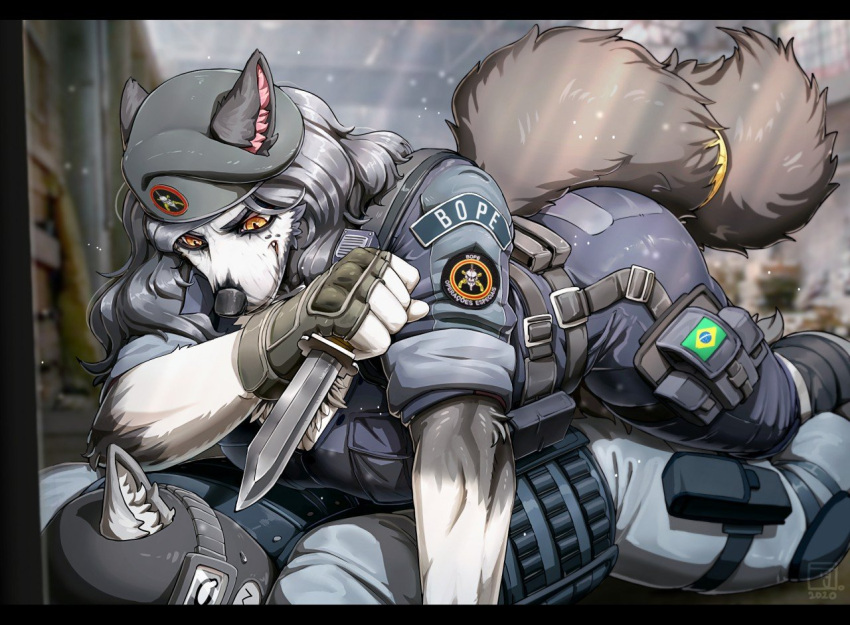 1boy 1girls big_breasts brazilian breasts caveira_(rainbow_six) female female_domination femdom furry interrogation janjin192 knife rainbow_six_siege sfw tail thick_thighs wide_hips